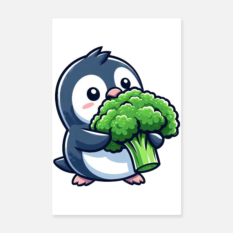 Lustiger Pinguin mit Brokkoli Gemüse Vegan Comic - Poster 20x30 cm - Weiß