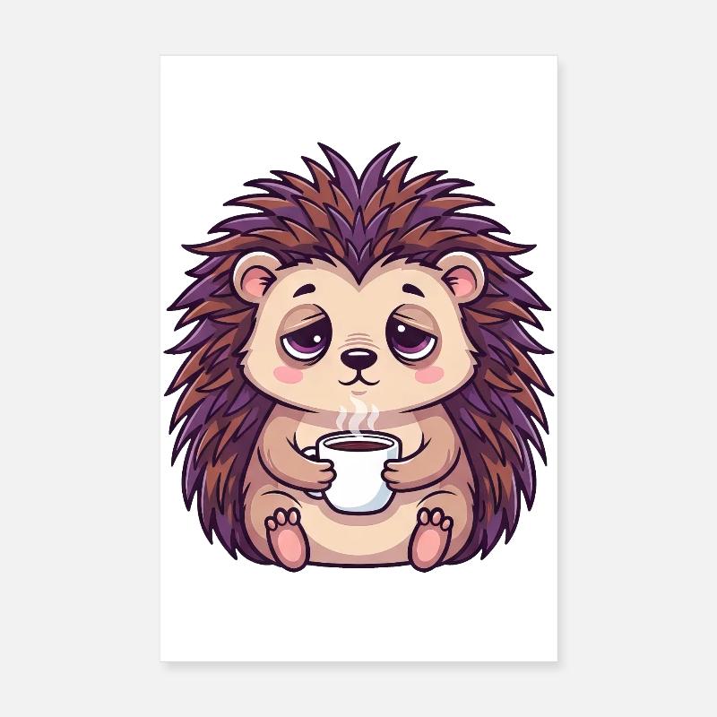 Cute Hedgehog Coffee Caffeine Cartoon Office Worker Poster 8" x 12" (20x30 cm)