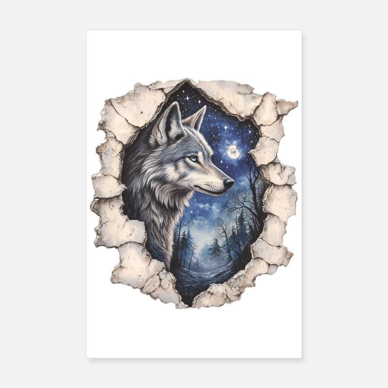 Wolf mit Sternenhimmel Poster 20x30 cm