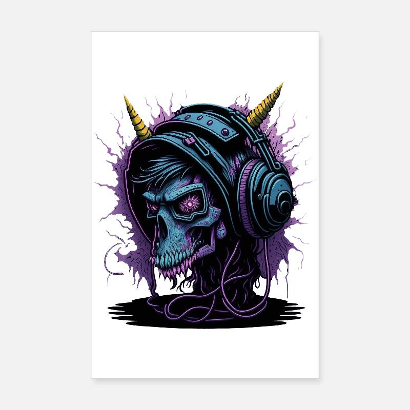 Crâne néon avec casque DJ Poster 20 x 30 cm