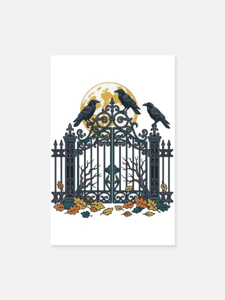 Krähen auf dem Friedhofstor - Poster 20x30 cm - Weiß - Vorne