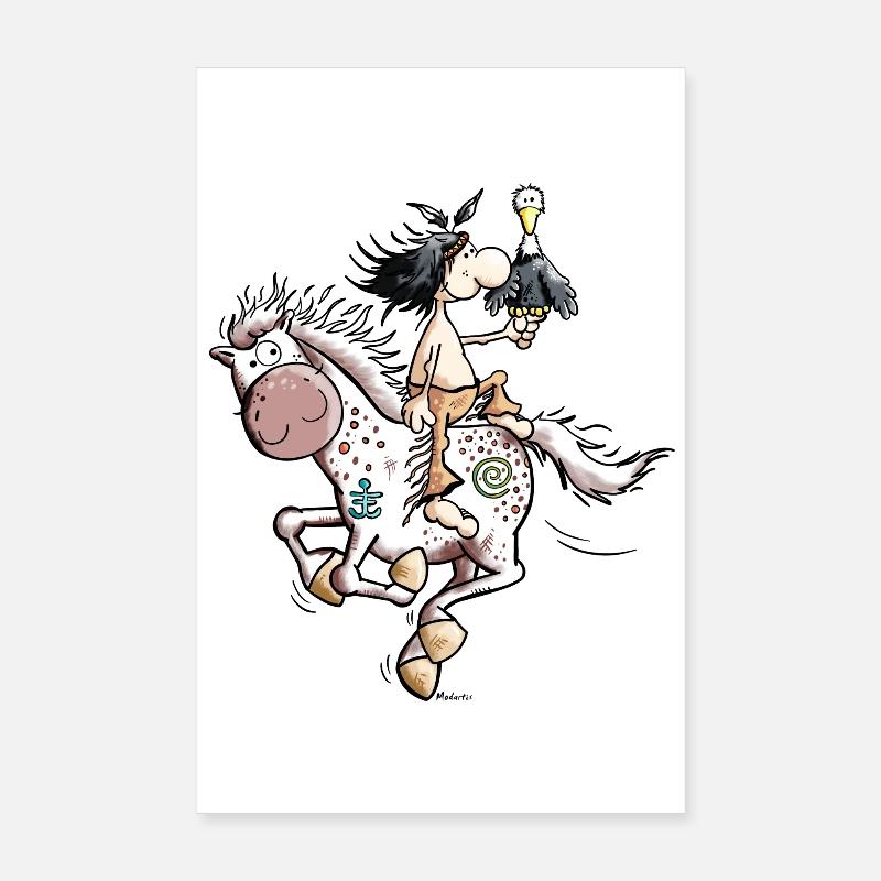 Indianer mit Pferd - Poster 20x30 cm - Weiß