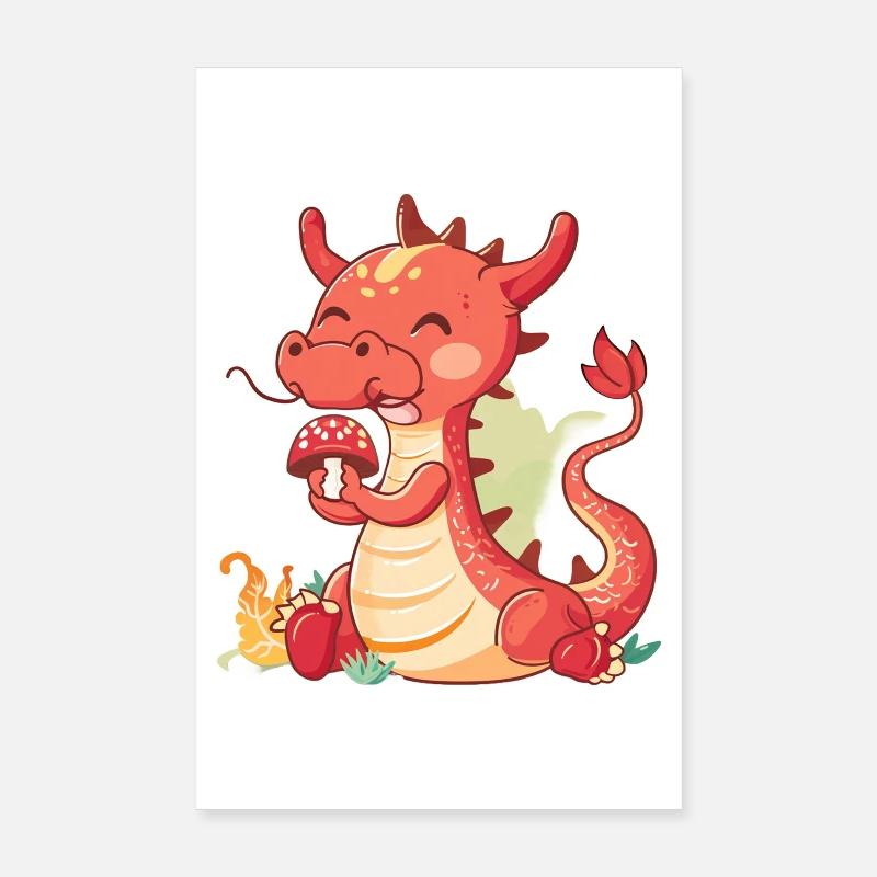 Petit dragon chinois mangeant un champignon Poster 20 x 30 cm