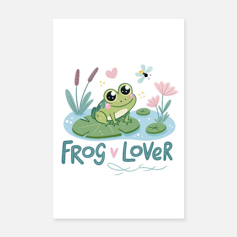 Cute Frog with Lotus and Flower Pattern Poster 8" x 12" (20x30 cm)