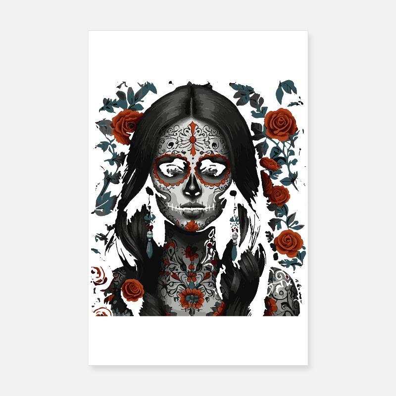 Sugar Skull Maiden Blumen Tattoo Poster 20x30 cm
