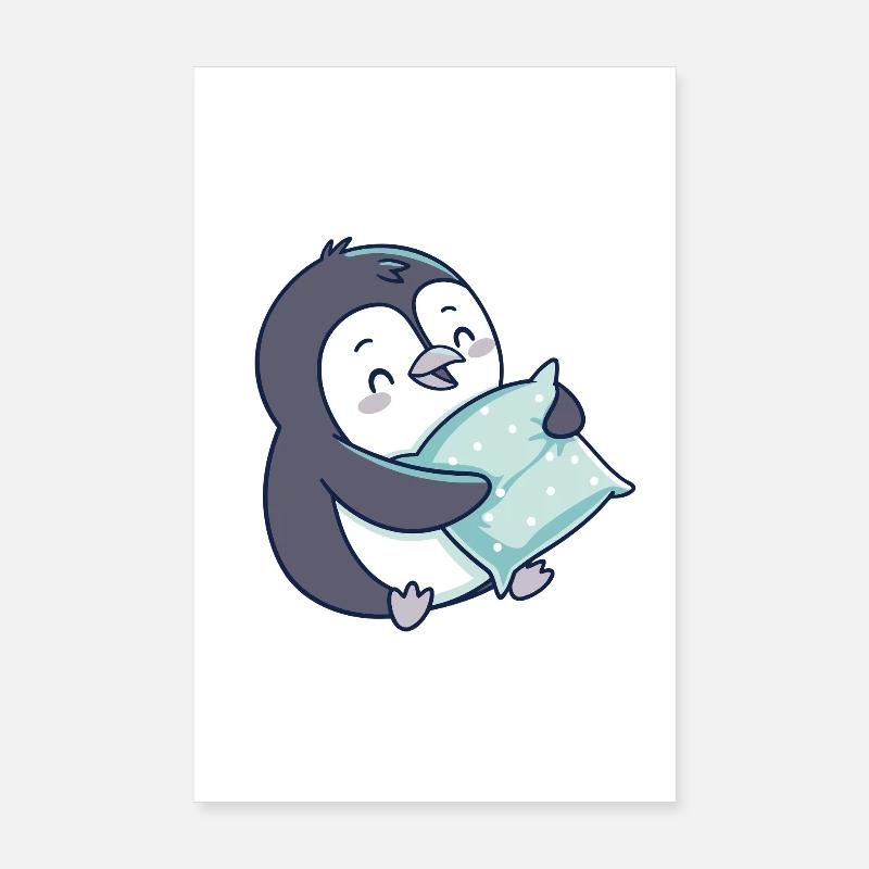 Pingouin câlin avec oreiller bleu Poster 20 x 30 cm