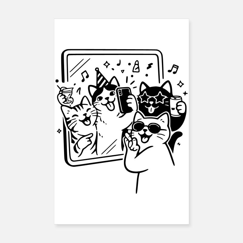 Selfie de fête avec des chats devant le miroir Poster 20 x 30 cm