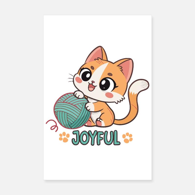 Chaton Joyeux et Pelote Turquoise Poster 20 x 30 cm