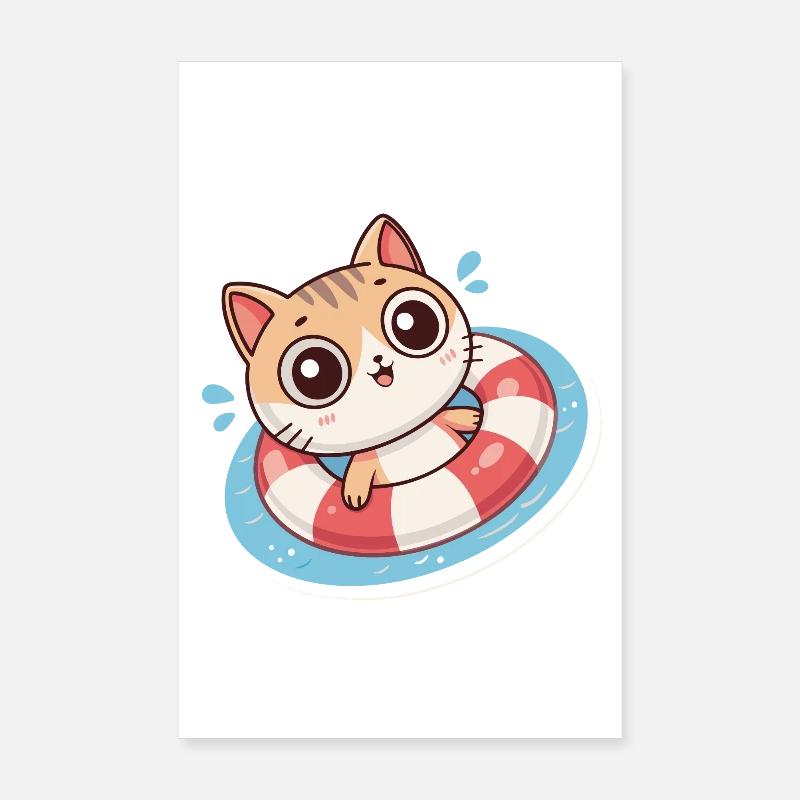 Chat Kawaii Dans Bouée Rouge Poster 20 x 30 cm