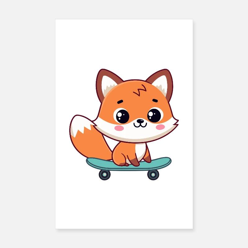 Kawaii Fox on Skateboard Poster 8" x 12" (20x30 cm)