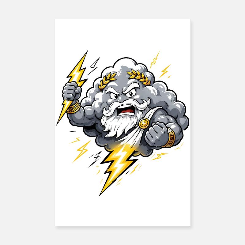 God of Thunder Lightning Cloud Thunderstorm Comic Motif Poster 8" x 12" (20x30 cm)