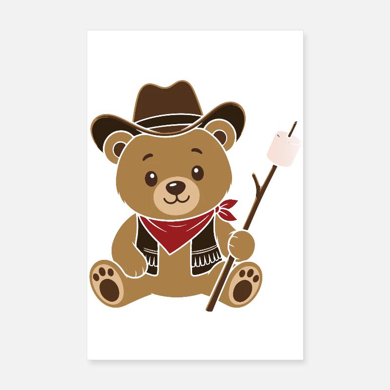 Cowboy Teddy Bear with Marshmallow Campfire Motif Poster 8" x 12" (20x30 cm)