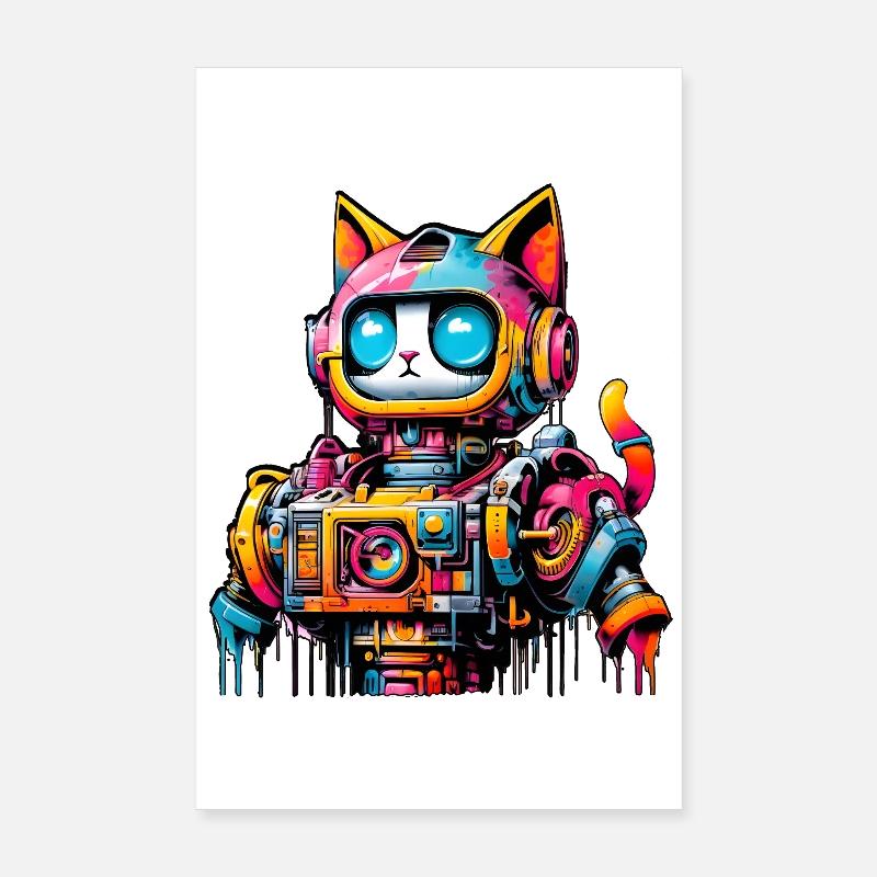Chat conçu comme un robot dans le style graffiti de la bande dessinée Poster 20 x 30 cm