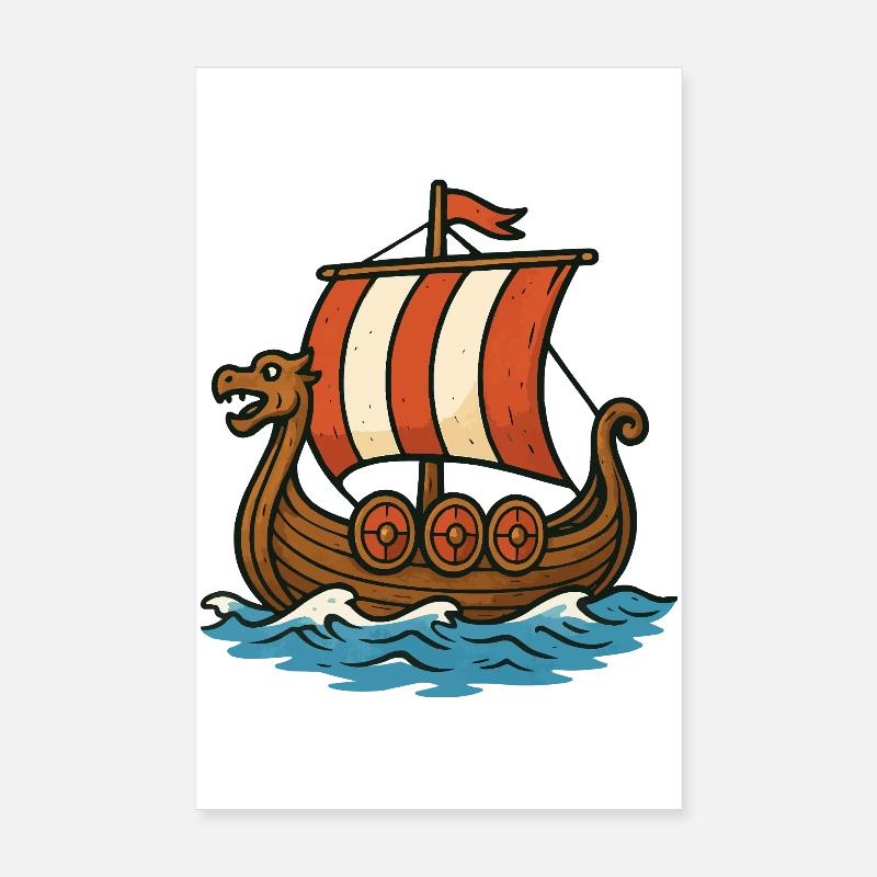 Wikingerboot mit rotem Segel Poster 20x30 cm