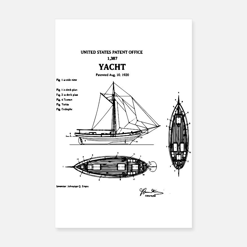 Yacht blueprint patent design Poster 8" x 12" (20x30 cm)