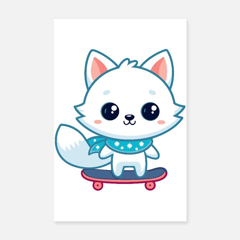 Weißer Fuchs auf blauem Skateboard Poster 20x30 cm
