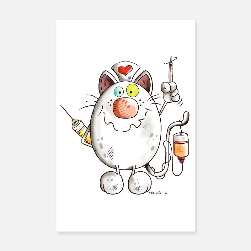 Krankenschwester Katze mit Herz - Comic Poster 20x30 cm