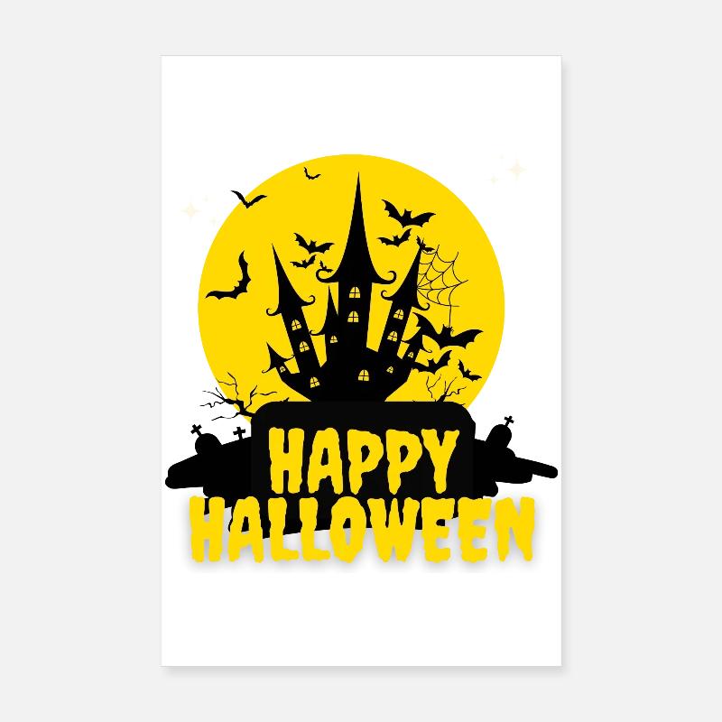 Château Halloween Silhouette Nuit - Poster 20 x 30 cm - blanc