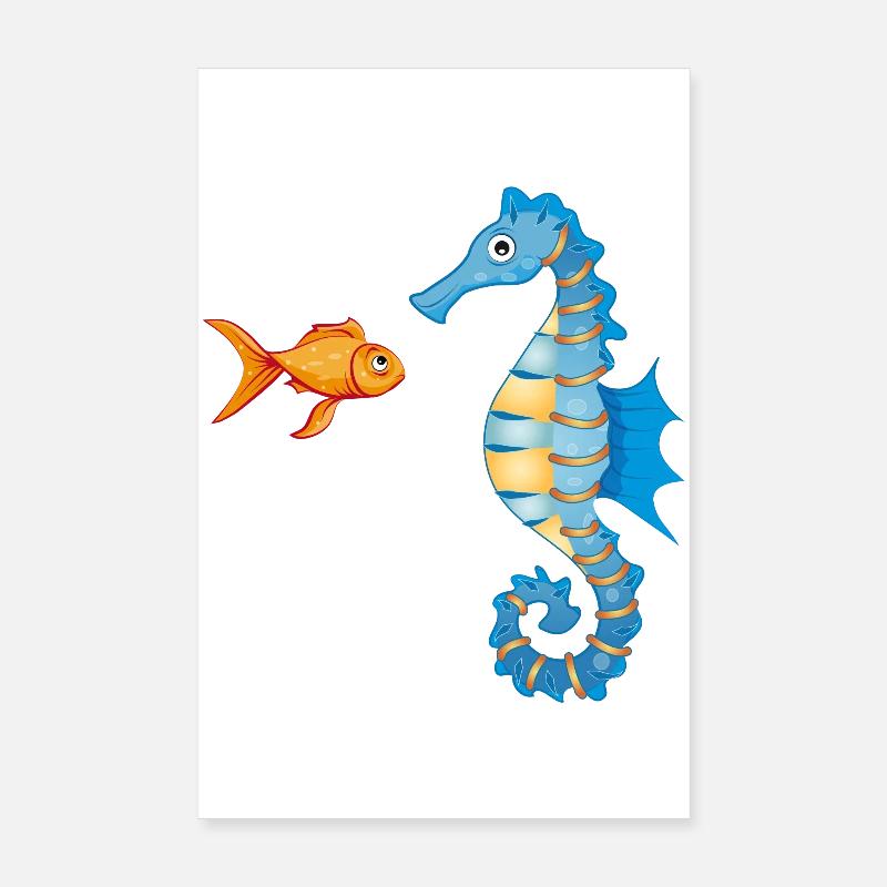 niedlicher Comic Goldfisch und Seepferdchen Poster 20x30 cm