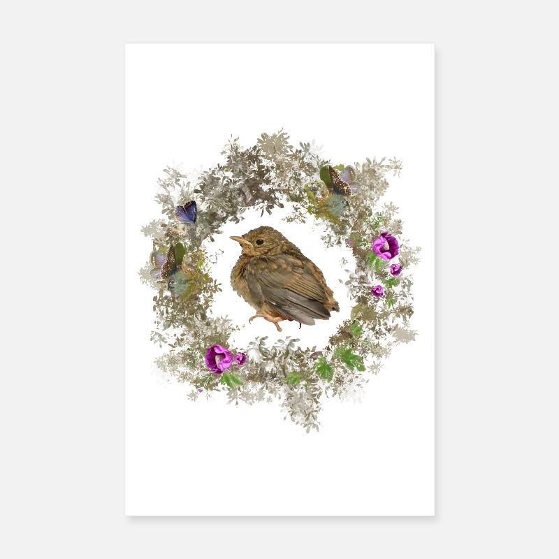 Rotkehlchen mit zarten Blüten und Bläulingen - Poster 20x30 cm - Weiß