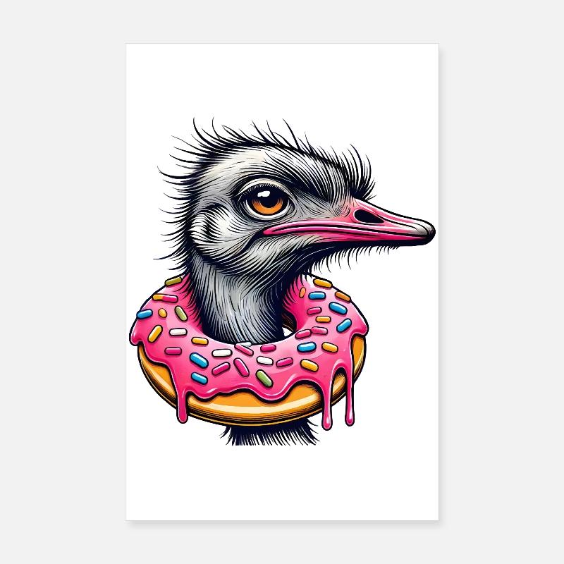 witziger Augenschmaus - Vogel Strauß mit Donut Poster 20x30 cm