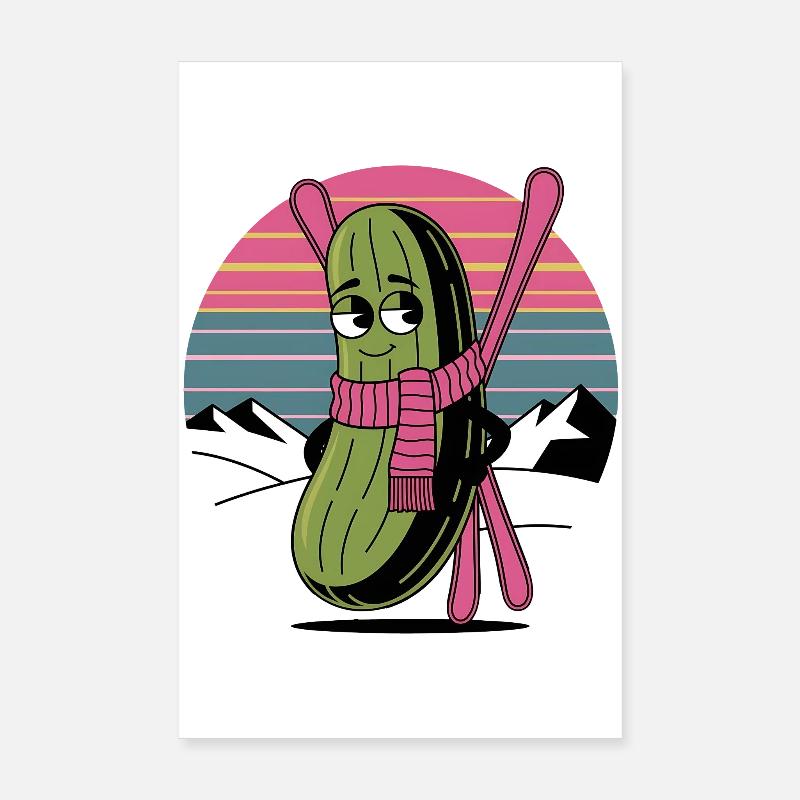 Funny Cucumber With Skis In The Mountains Retro Poster 8" x 12" (20x30 cm)