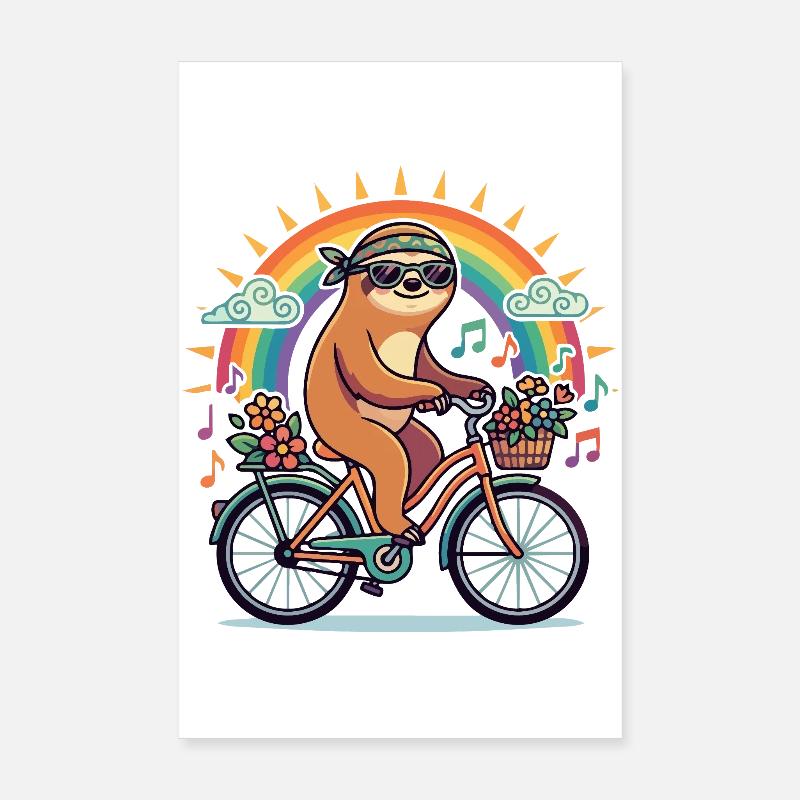 Flower Power Sloth on Bicycle Rainbow Sun Poster 8" x 12" (20x30 cm)