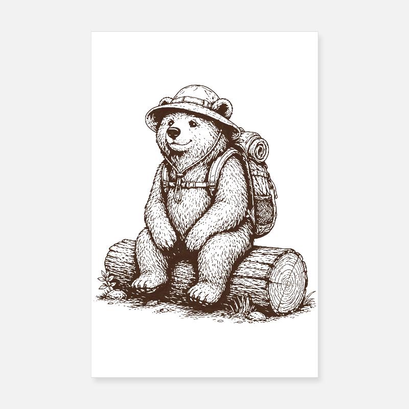 Cool Bear with Backpack Hiking Motif Poster 8" x 12" (20x30 cm)