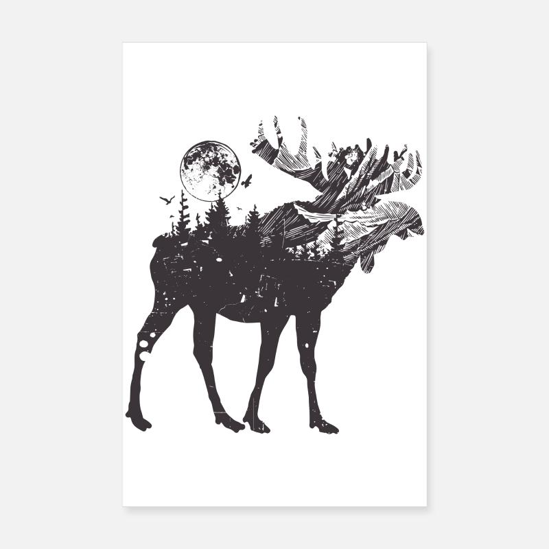 Moonlit Moose Forest Silhouette - Poster 8" x 12" (20x30 cm) - white