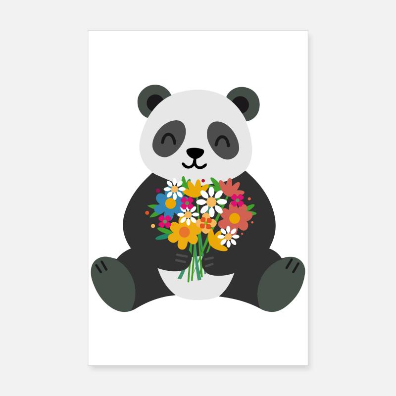 Panda avec bouquet de fleurs – Motif animal affectueux Poster 20 x 30 cm