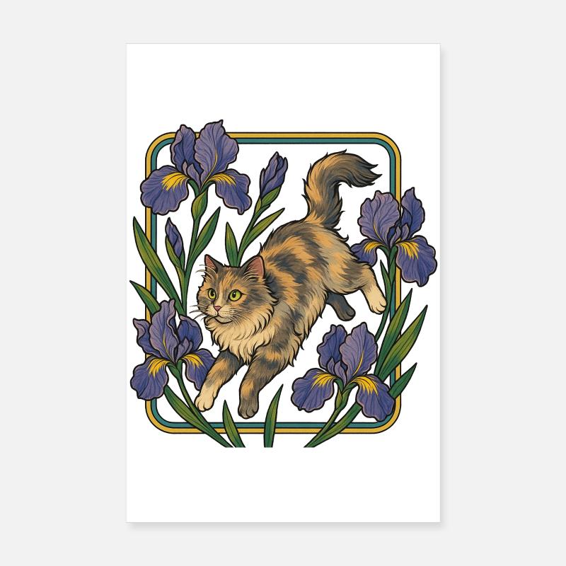 Chat élégant parmi les fleurs d'iris Poster 20 x 30 cm