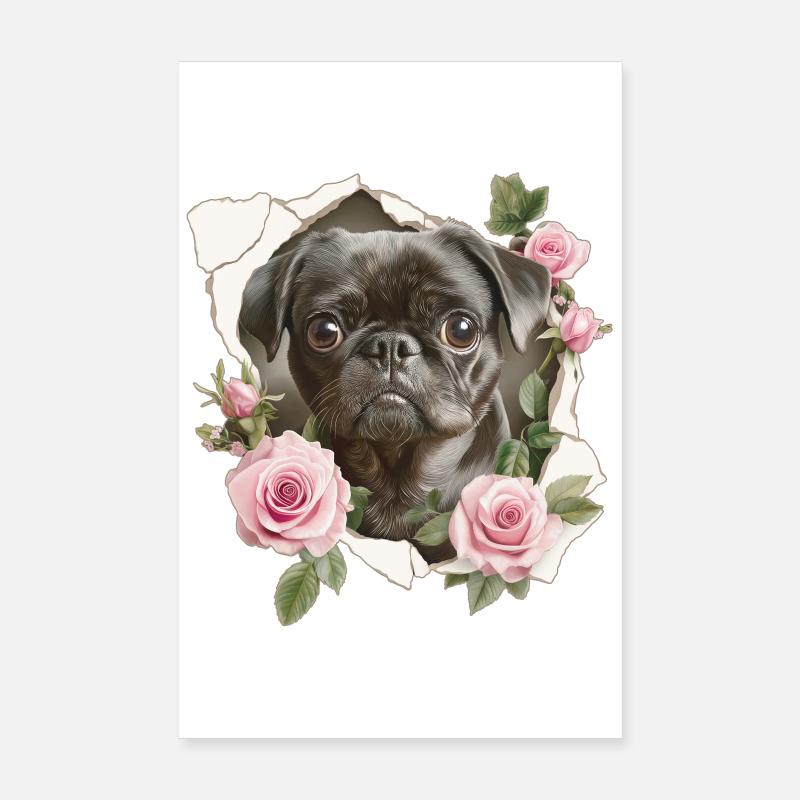 Mops Blumen Vintage Poster 20x30 cm