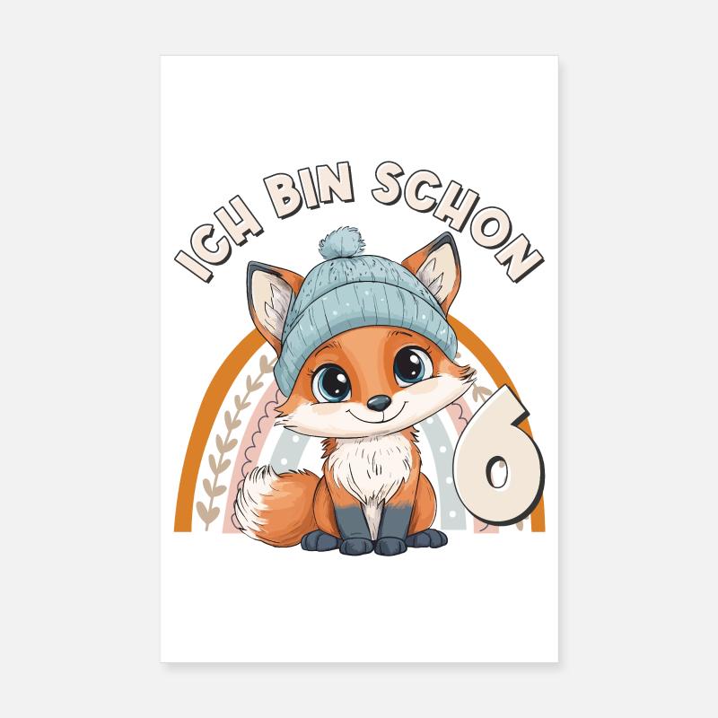 6th Birthday Fox Rainbow Cute Cute Poster 8" x 12" (20x30 cm)