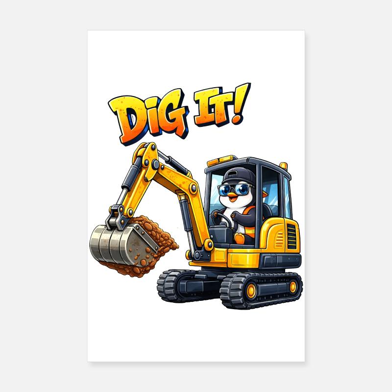 Cute Penguin Cartoon Excavator Driver Construction Equipment Operator Poster 8" x 12" (20x30 cm)