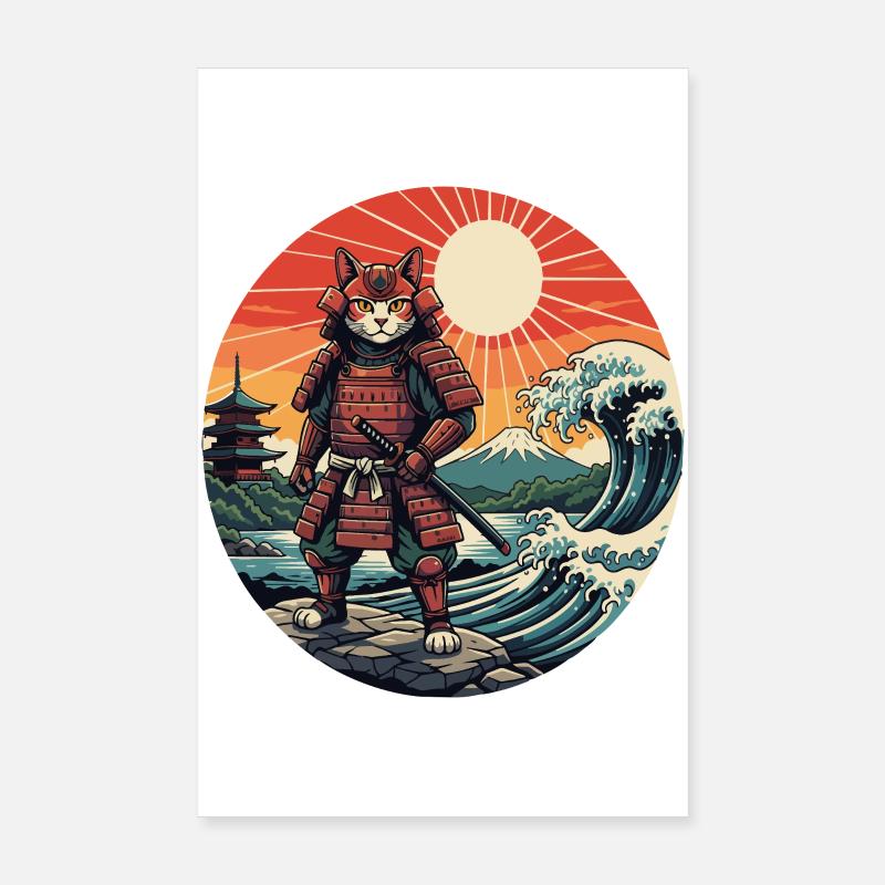 Katzen-Samurai bei Sunset Waves Poster 20x30 cm