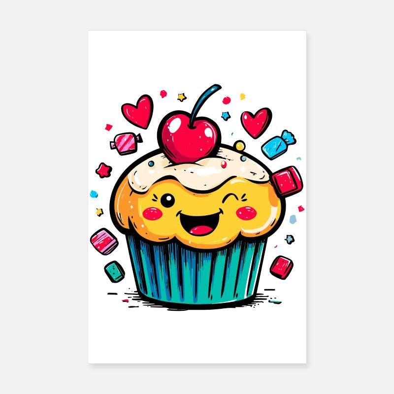 Kawaii Cupcake with Cherry Face Poster 8" x 12" (20x30 cm)