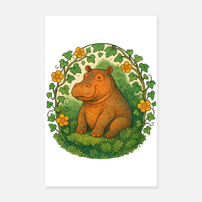 Whimsical Hippo in Ivy Circle Poster 8" x 12" (20x30 cm)