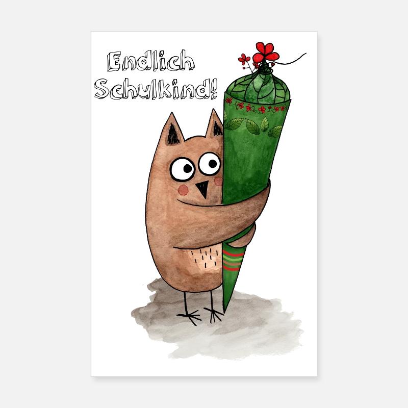 Eule mit Zuckertüte Endlich Schulkind - Poster 20x30 cm - Weiß