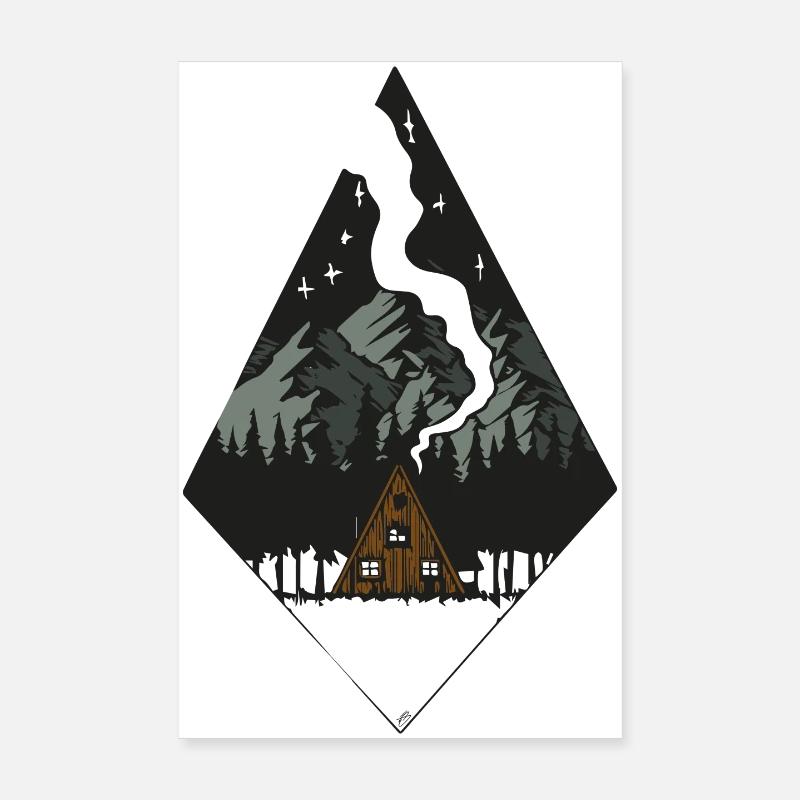Cabane forestière sous montagnes enneigées Poster 20 x 30 cm