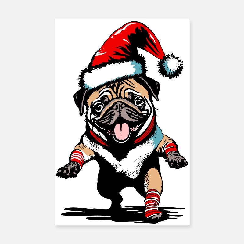 Dancing Pug with Santa Hat Poster 8" x 12" (20x30 cm)