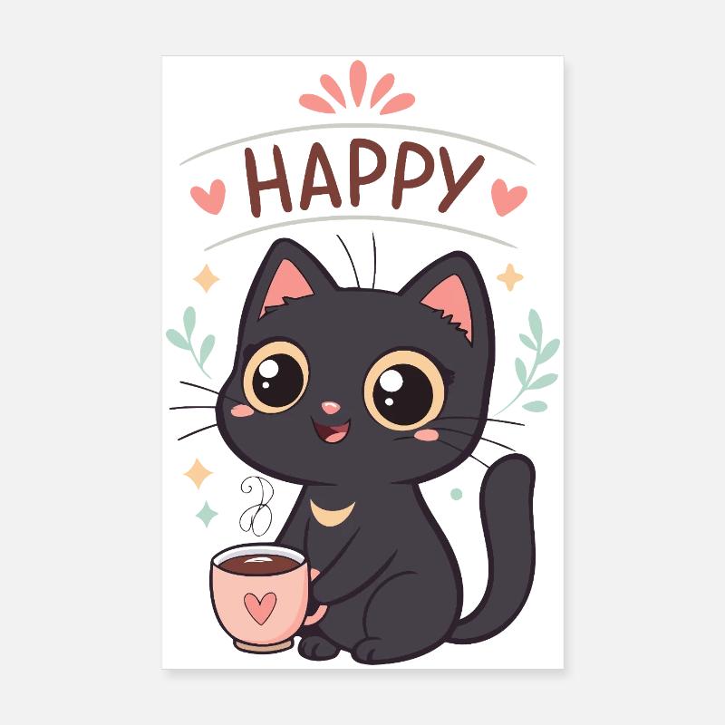 Chat noir Café Heureux Poster 20 x 30 cm