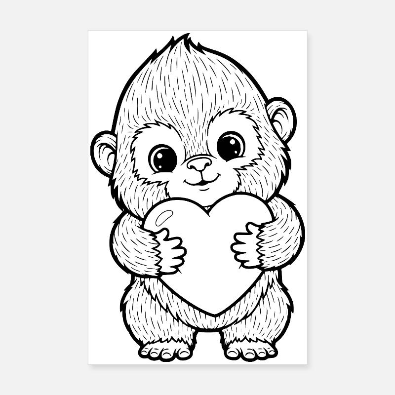 Cute Monkey with Heart – Love Animal Illustration Poster 8" x 12" (20x30 cm)