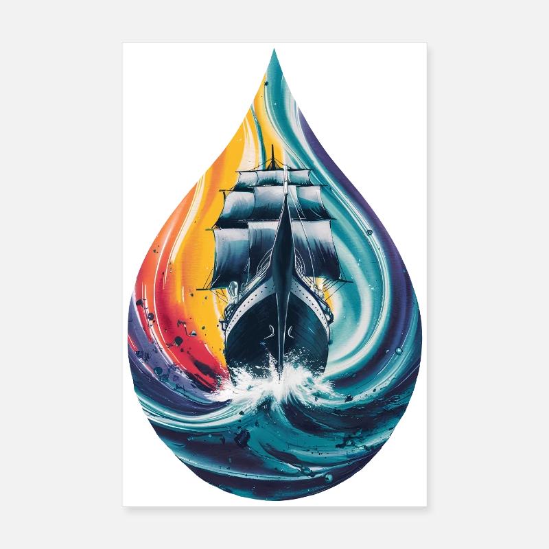 Sailing Ship Sea Water Drop Artwork Print Poster 8" x 12" (20x30 cm)