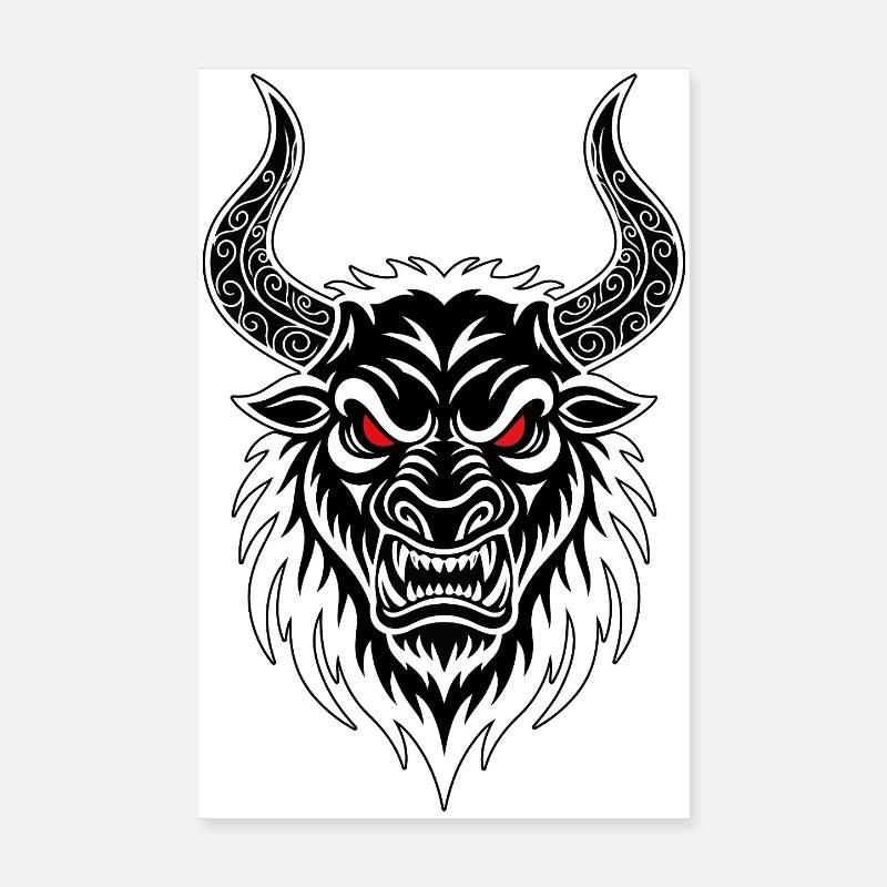 Taureau de Combat Totem Cornes Ornées Yeux Rouges Poster 20 x 30 cm