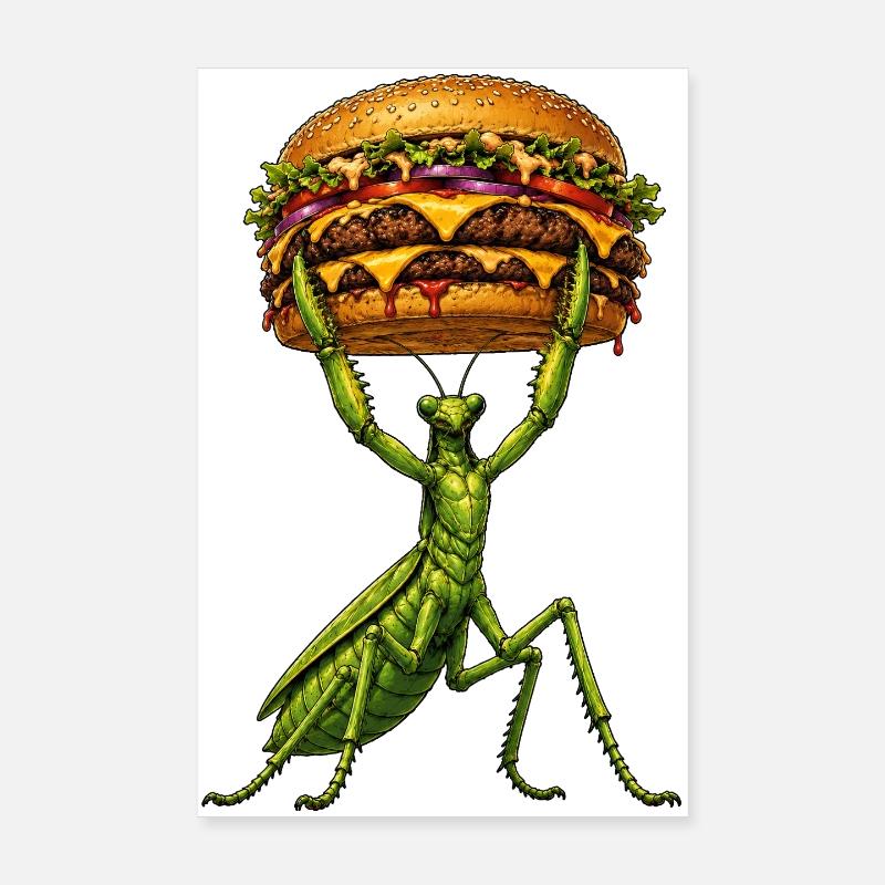 Praying Mantis Weightlifting Burger Comic Poster 8" x 12" (20x30 cm)