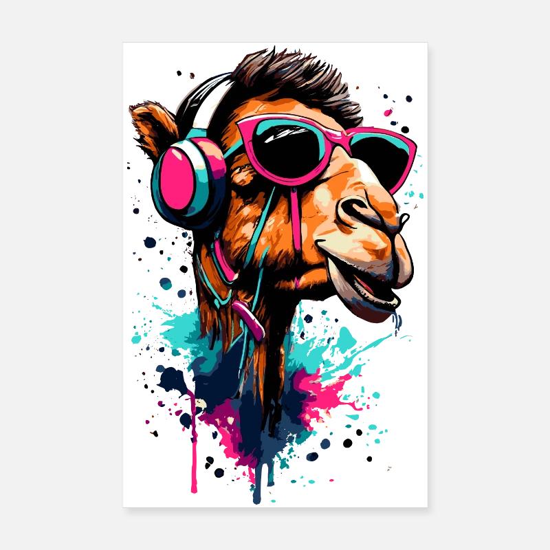 Camel Dromedary Colorful with Headphones - DJ Camel Poster 8" x 12" (20x30 cm)