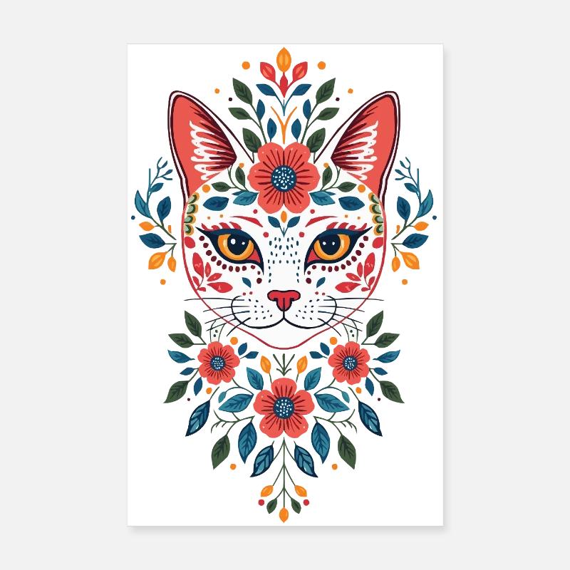 Tête de chat fleur dans le style folklorice - Poster 20 x 30 cm - blanc