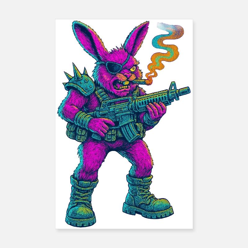 Neon Punk Bunny mit Zigarre und Gewehr Poster 20x30 cm