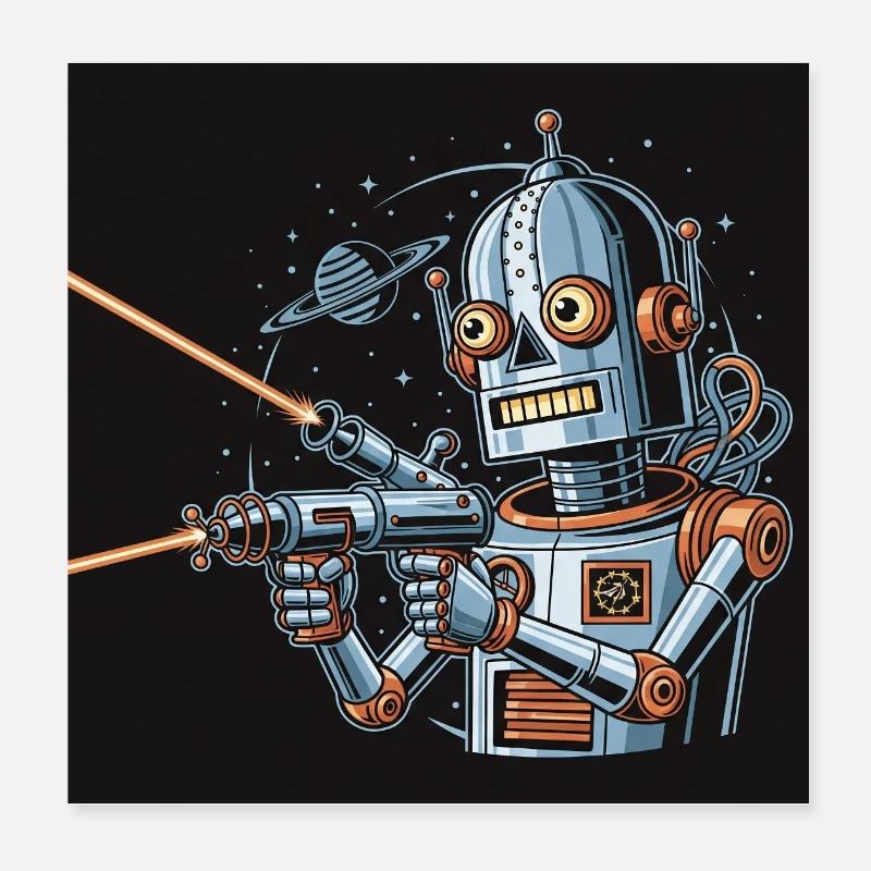 Retro Sci-Fi Roboter mit Laserwaffe Poster 20x20 cm
