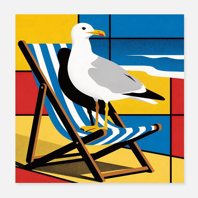 Seemöwe auf Strandstuhl Popkunst Poster 20x20 cm